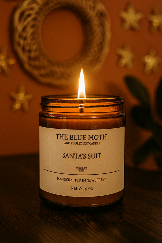 9oz Santa's Suit Hand Poured Soy Candle in an Amber Glass Jar Cotton Wick