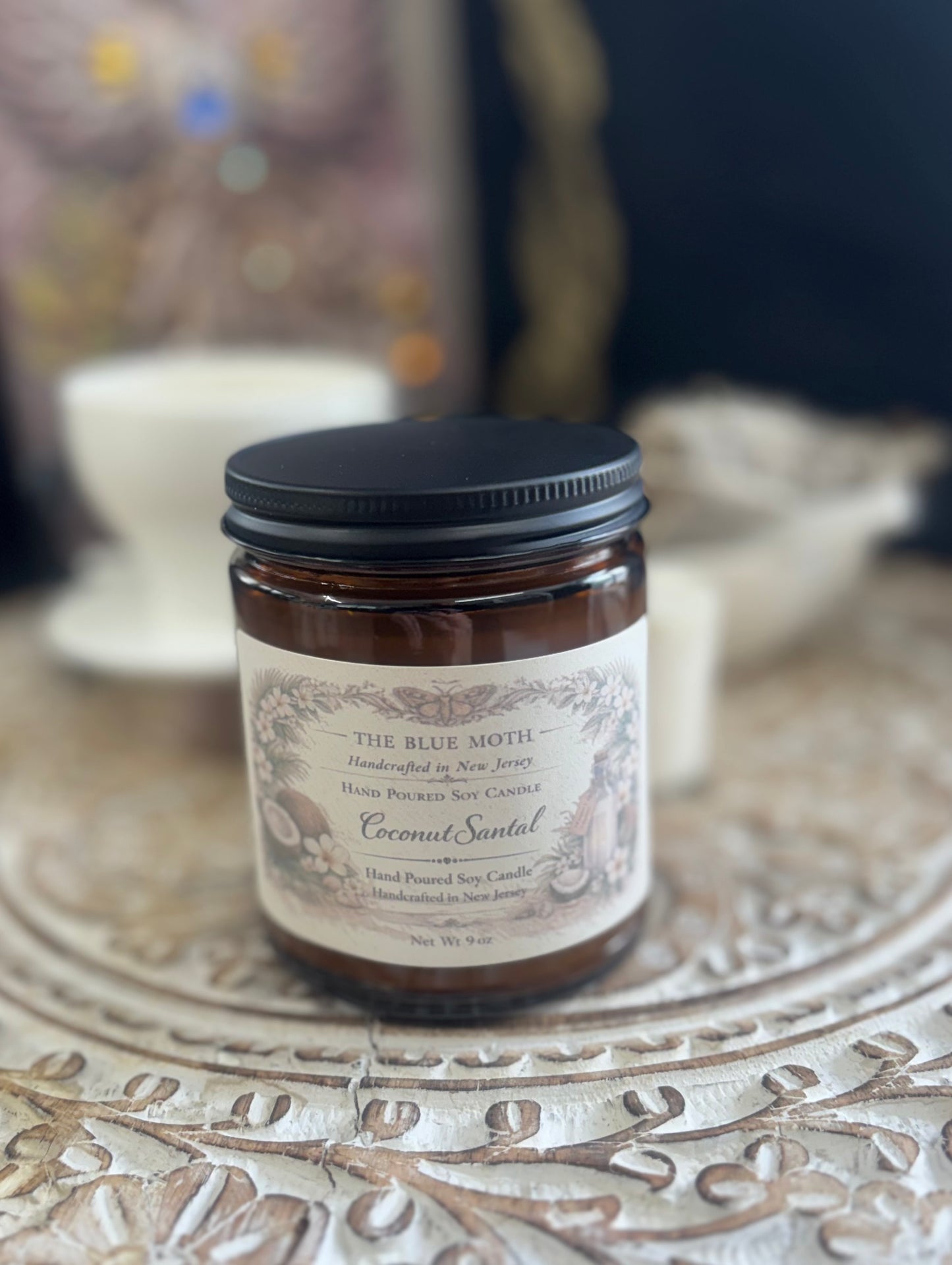 9oz Coconut Santal Sand Hand Poured Soy Candle in Amber Glass Jar