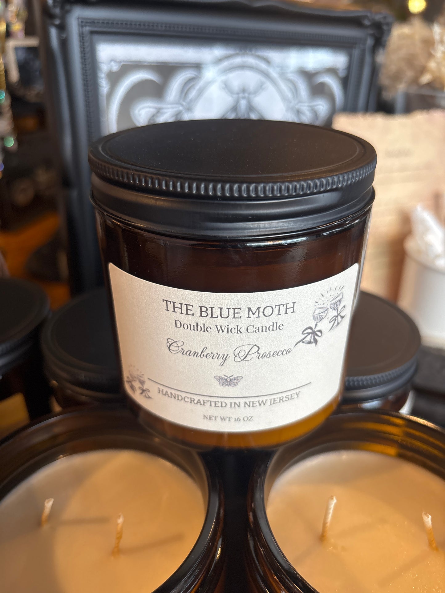 16oz Cranberry Prosecco Hand Poured Soy Candle in an Amber Glass Jar Cotton Wick