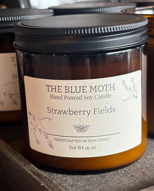 16oz Strawberry Fields Hand Poured Soy Candle in an Amber Glass Jar Cotton Wick
