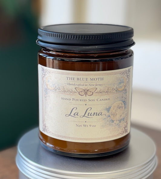 9 oz La Luna Hand Poured Soy Candle in an Amber Glass Jar Cotton Wick