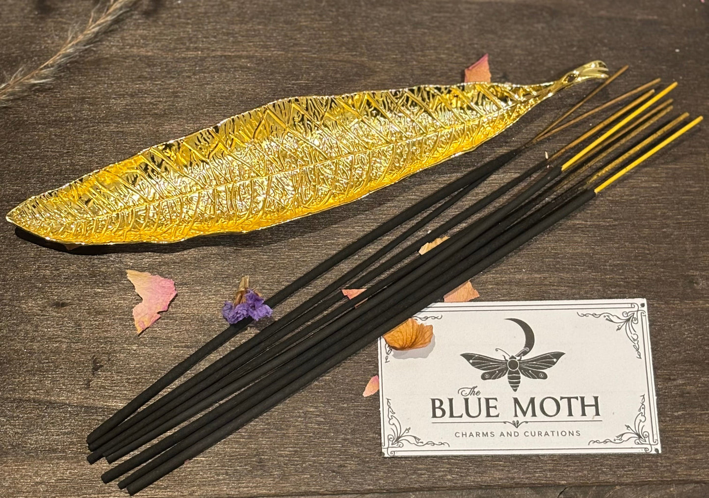 GOLD LEAF INCENSE HOLDER AND 8 PACK CURATED INCENSE SET