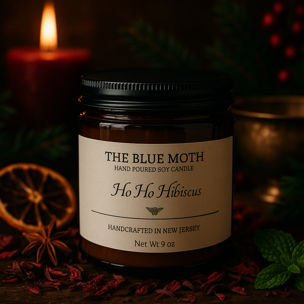 9oz HO, HO, HIBISCUS Hand Poured Soy Candle in an Amber Glass Jar Cotton Wick