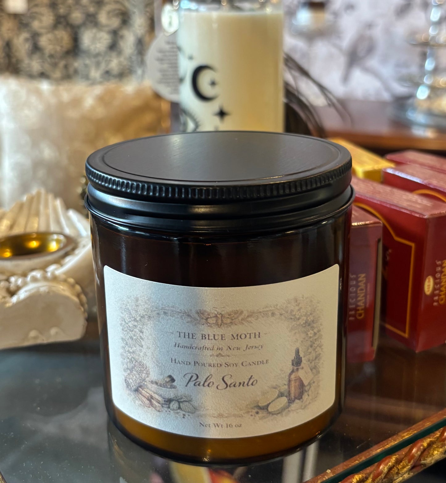 16oz The Original PALO SANTO Hand Poured Soy Candle in an Amber Glass Jar Cotton Wick