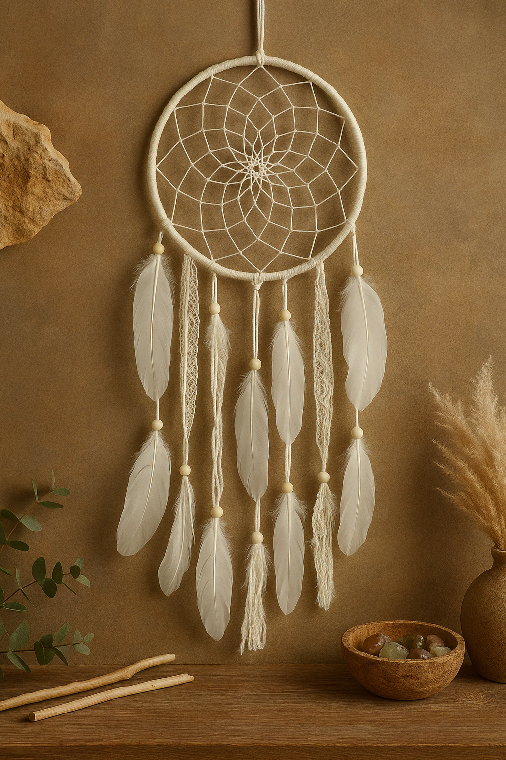 White and Ivory Lace Crystals Weaved with Beads & Feather Dream Catcher
