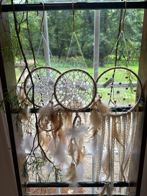 White and Ivory Lace Crystals Weaved with Beads & Feather Dream Catcher