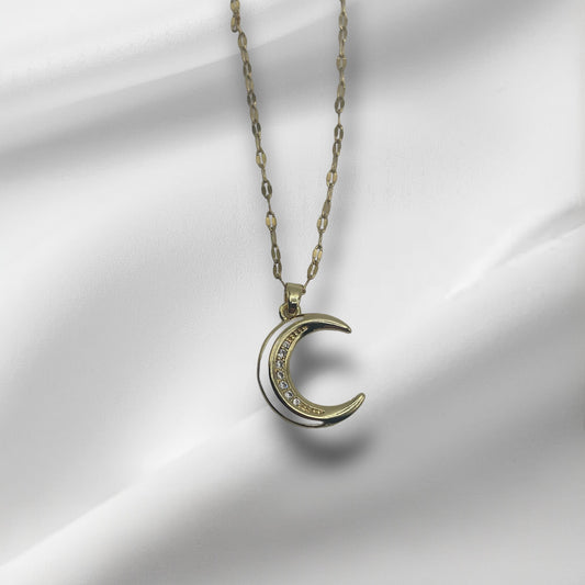 Gold Plated White and Rhinestone Crescent Moon Necklace